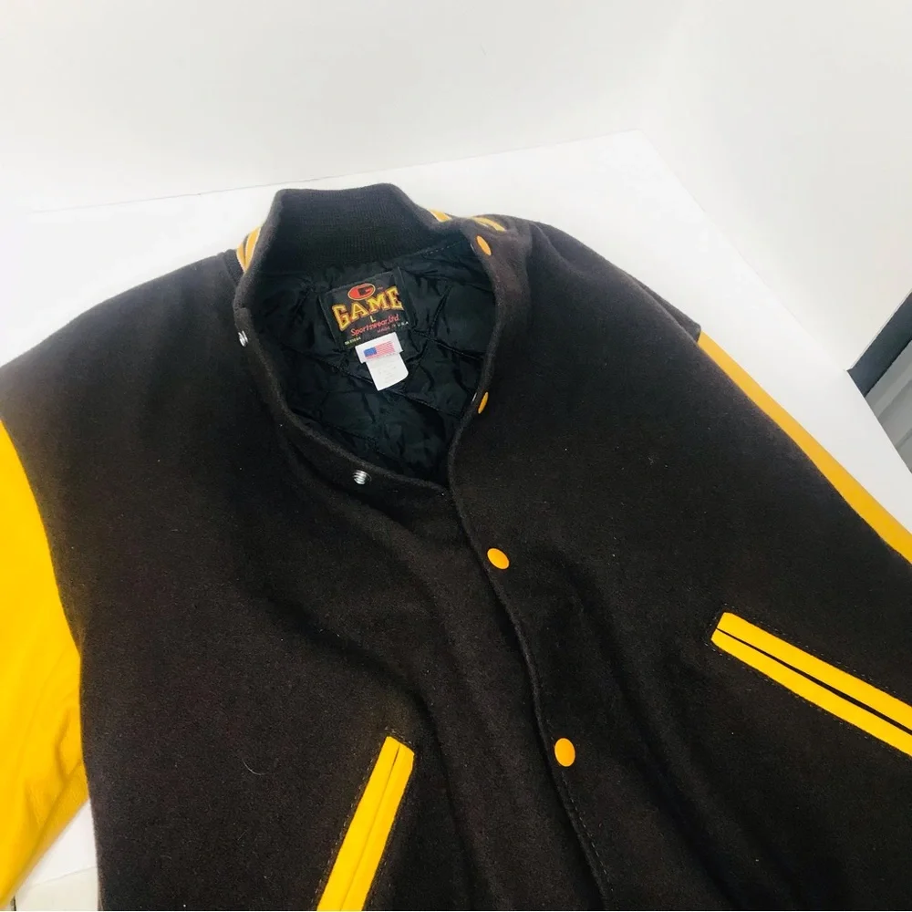 Vintage GAME Sportswear Leather Varsity Jacket Mens Large Brown / Yellow Gold - Picture 4 of 5